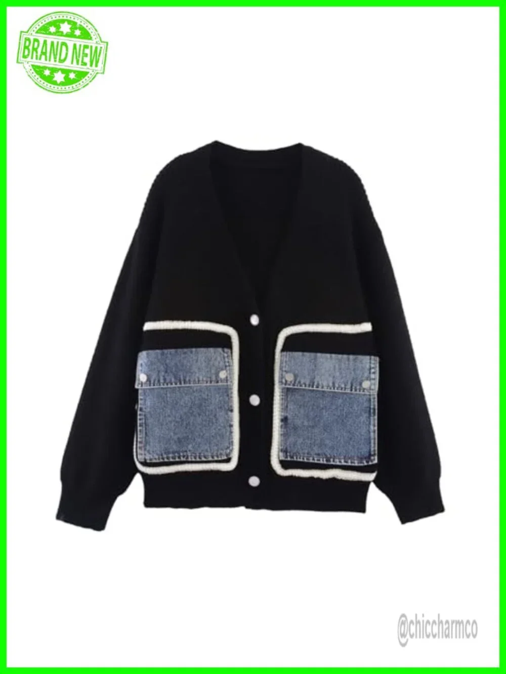 Women's Open Front Patchwork Cable Knit Cardigan Sweater with Denim Pockets